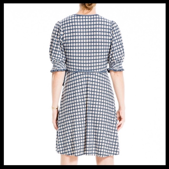MAX STUDIO Smocked Sleeve Wrap Dress Color: Navy Blue Deco Poppy - Picture 2 of 7
